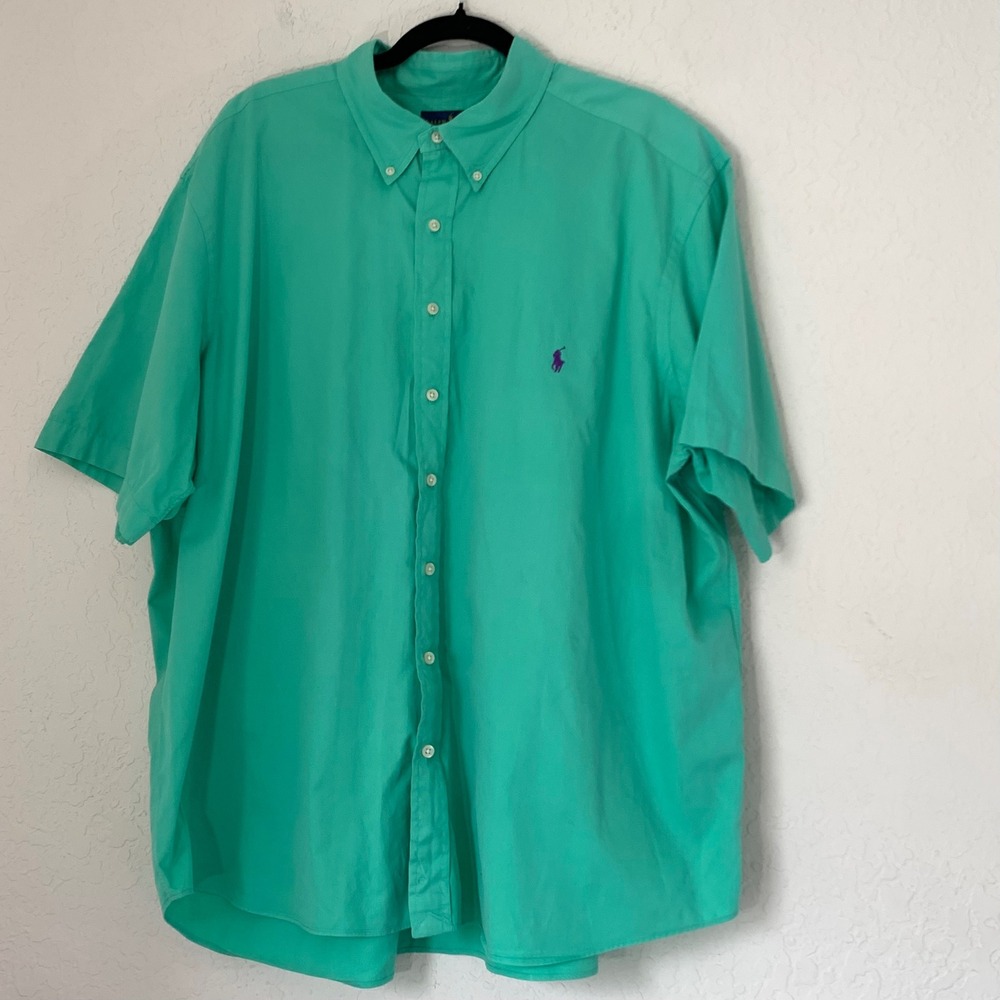 Polo Ralph Lauren Shirt Men 2XB Green Featherweight Twill Short Sleeve Preppy